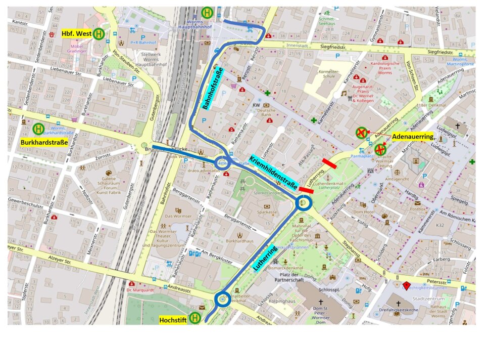 Umleitungsskizze Adenauerring gesperrt (Alternativ Burkhardstraße)