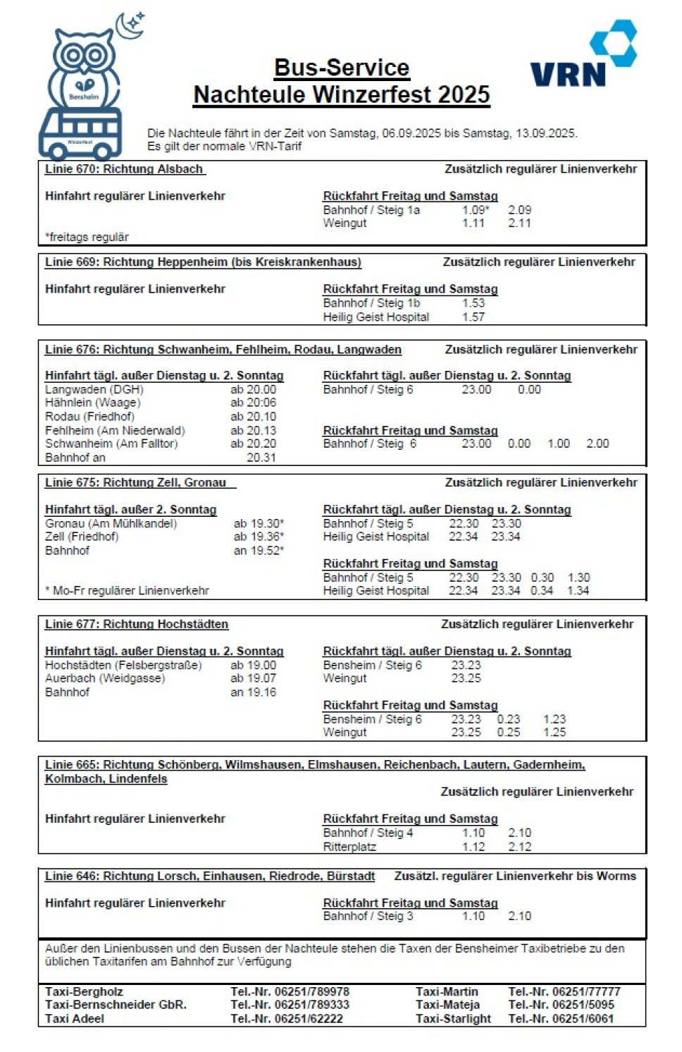Nacheule Fahrplan