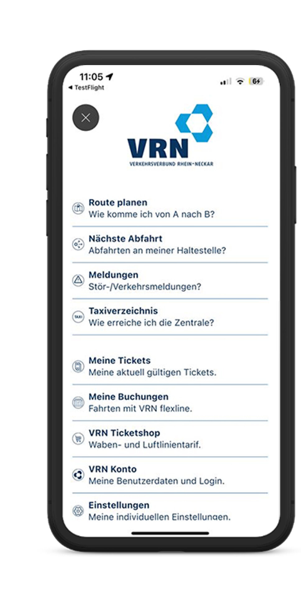 Handybildschirm zeigt Hauptmenü an