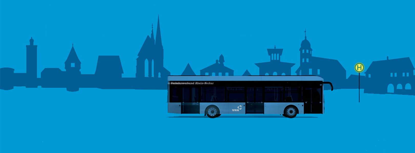 Grafik eines VRN-Busses vor einer Silhouette mit markanten Gebäuden im Rhein-Pfalz-Kreis